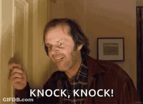 A Man Is Knocking On A Door With The Words `` Knock , Knock '' Written On It . GIF