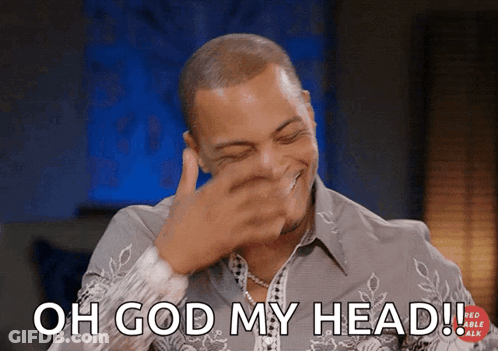 A Man Is Laughing And Covering His Face With His Hand And Says Oh God My Head GIF