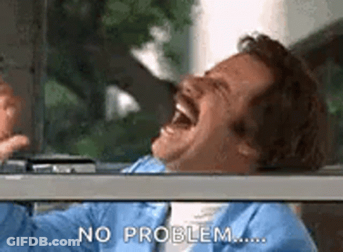 A Man Is Laughing In A Car With His Mouth Open And The Words `` No Problem '' Written On The Window . GIF