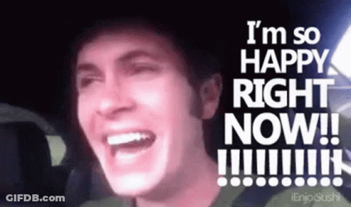 A Man Is Laughing With The Words " I 'M So Happy Right Now !!! " Behind Him GIF