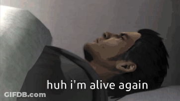 A Man Is Laying In A Bed With The Words Huh I 'M Alive Again Above Him GIF