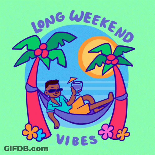 A Man Is Laying In A Hammock Holding A Drink And The Words Long Weekend Vibes GIF