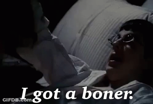 A Man Is Laying In Bed With His Mouth Open And The Words `` I Got A Boner '' On The Bottom . GIF
