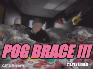 A Man Is Laying On A Bed With The Words Pog Brace Ii Written In Pink GIF