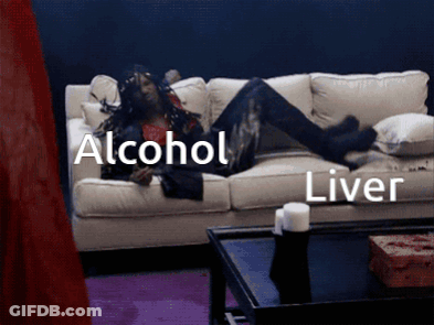 A Man Is Laying On A Couch With The Words Alcohol Liver Written On The Bottom GIF