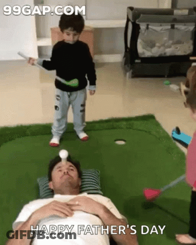 A Man Is Laying On A Pillow With A Child Playing Golf And The Words Happy Father 'S Day Are On The Bottom GIF