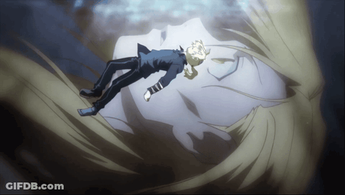 A Man Is Laying On A Woman 'S Chest In A Cartoon GIF