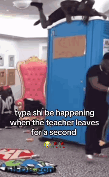 A Man Is Laying On Top Of A Blue Portable Toilet While The Teacher Leaves For A Second . GIF