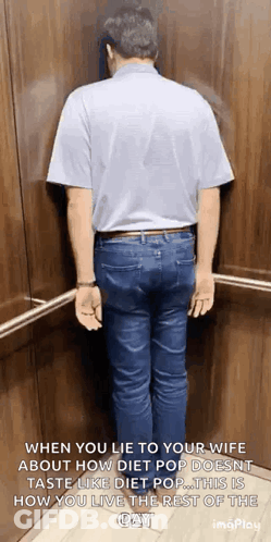 A Man Is Leaning Against A Wall In An Elevator With A Caption That Reads When You Lie To Your Wife GIF