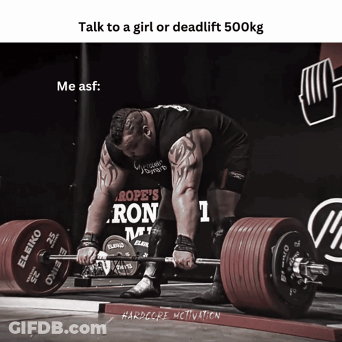 A Man Is Lifting A Barbell In Front Of A Rope 'S Ron Sign GIF