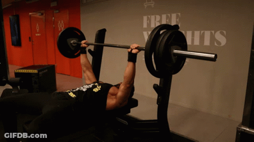 A Man Is Lifting A Barbell On A Bench In Front Of A Sign That Says Free Yachts GIF