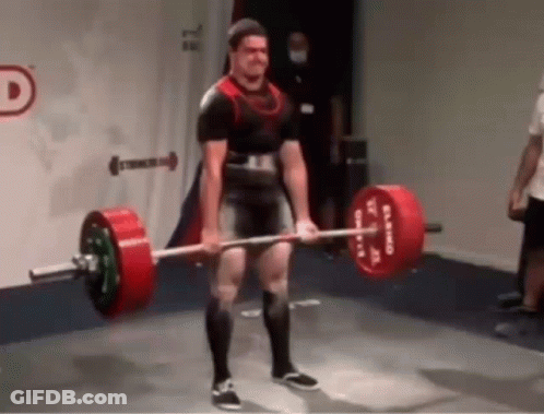 A Man Is Lifting A Barbell With A Red Barbell With The Letter D On It GIF
