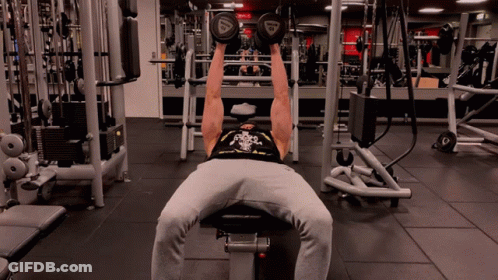 A Man Is Lifting Dumbbells In A Gym With A Reebok Logo On The Dumbbell GIF