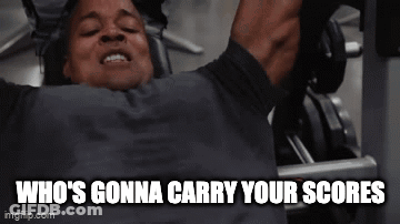 A Man Is Lifting Weights In A Gym With The Caption Who 'S Gonna Carry Your Scores GIF