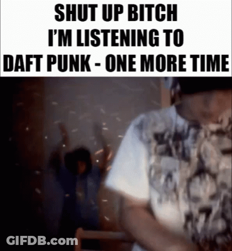 A Man Is Listening To Daft Punk - One More Time While A Woman Looks On . GIF