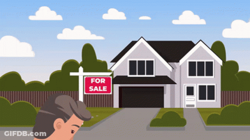 A Man Is Looking At A House With A For Sale Sign In Front Of It GIF