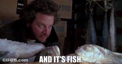 A Man Is Looking At A Large Fish With The Words `` And It 'S Fish '' Written Next To Him . GIF