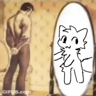 A Man Is Looking At Himself In A Mirror With A Drawing Of A Cat In The Mirror . GIF
