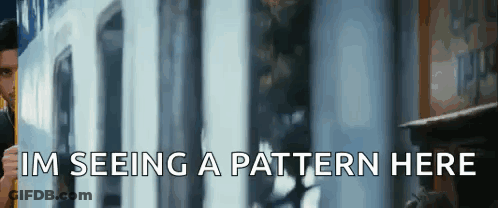 A Man Is Looking Out Of A Train Window With The Words I 'M Seeing A Pattern Here Written Below Him . GIF