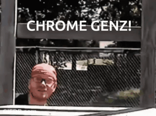 A Man Is Looking Out Of A Window With The Words Chrome Genz Behind Him GIF