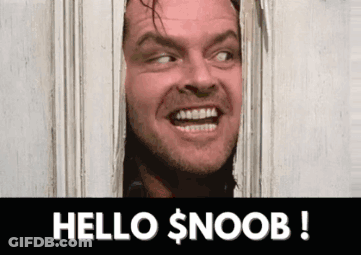 A Man Is Looking Through A Door With The Words Hello $ Noob Written Below Him GIF