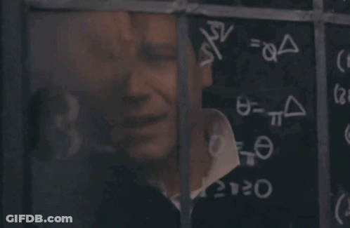 A Man Is Looking Through A Window At A Chalkboard With Math Equations On It GIF