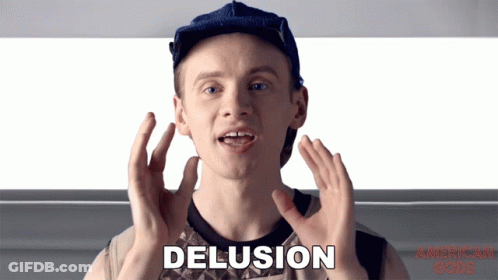 A Man Is Making A Funny Face And The Word Delusion Is On The Screen GIF