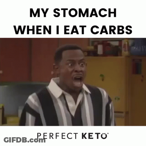 A Man Is Making A Funny Face With The Words " My Stomach When I Eat Carbs " GIF