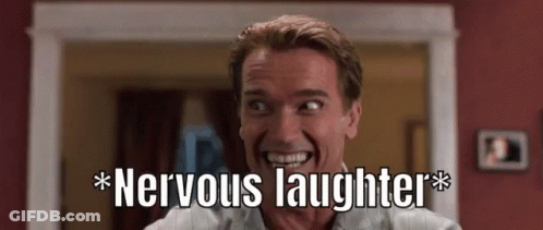 A Man Is Making A Funny Face With The Words `` Nervous Laughter '' Written Above Him . GIF