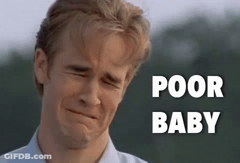 A Man Is Making A Funny Face With The Words Poor Baby Behind Him . GIF