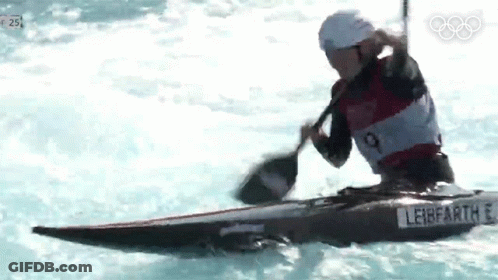 A Man Is Paddling A Kayak In The Water With A Paddle And A Sticker That Says Leibfartl GIF