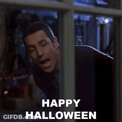 A Man Is Peeking Out Of A Window With The Words `` Happy Halloween '' Written On It . GIF