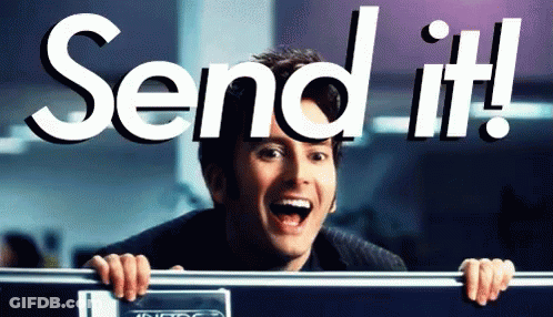 A Man Is Peeking Over A Railing With The Words Send It Behind Him GIF