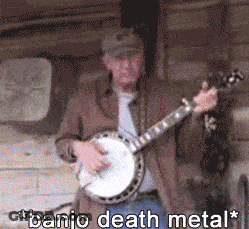 Man Playing Banjo With Death Metal Text GIF