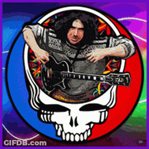 A Man Is Playing A Guitar In A Circle With A Skull In The Background GIF