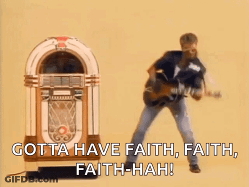A Man Is Playing A Guitar In Front Of A Jukebox And Says Gotta Have Faith Faith Faith Faith-Hah GIF