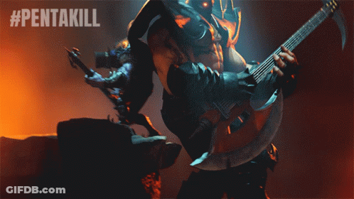 A Man Is Playing A Guitar In Front Of A #Pentakill Logo GIF