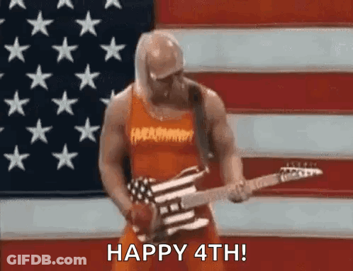 A Man Is Playing A Guitar In Front Of An American Flag And Says Happy 4Th . GIF
