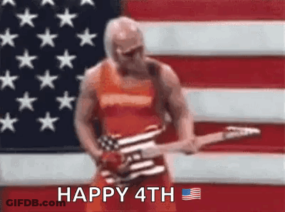 A Man Is Playing A Guitar In Front Of An American Flag And Says Happy 4Th . GIF