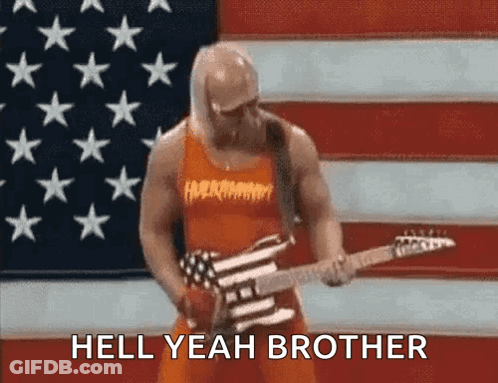 A Man Is Playing A Guitar In Front Of An American Flag And Says Hell Yeah Brother GIF