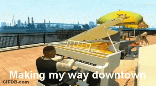 A Man Is Playing A Piano With The Words Making My Way Downtown In The Background GIF