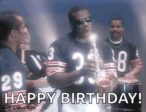 A Man Is Playing A Saxophone In Front Of A Group Of Football Players And Says Happy Birthday . GIF
