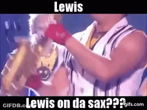 A Man Is Playing A Saxophone With The Words Lewis On Da Sax Written On The Bottom . GIF
