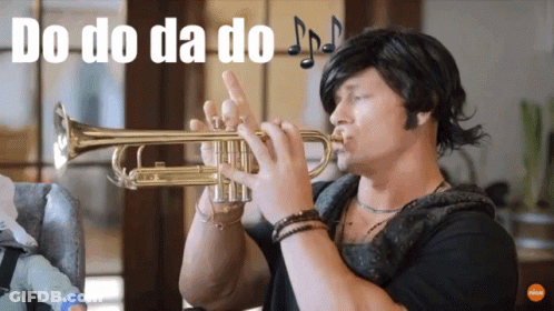 A Man Is Playing A Trumpet And The Words Do Do Da Do Are Above Him GIF