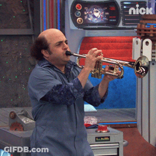 A Man Is Playing A Trumpet In Front Of A Nick Logo GIF