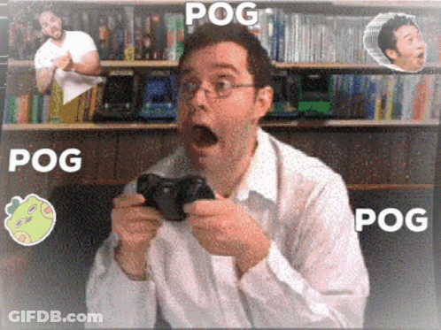 A Man Is Playing A Video Game And The Word Pog Is On The Bottom GIF