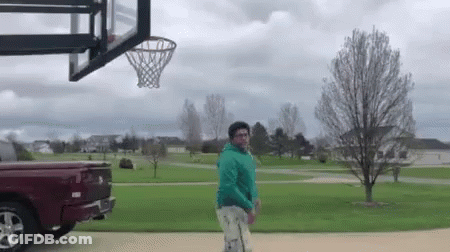 A Man Is Playing Basketball In Front Of A Basketball Hoop In A Park . GIF