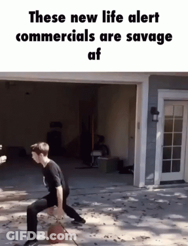 A Man Is Playing Basketball In Front Of A Garage Door That Says These New Life Alert Commercials Are Savage Af GIF