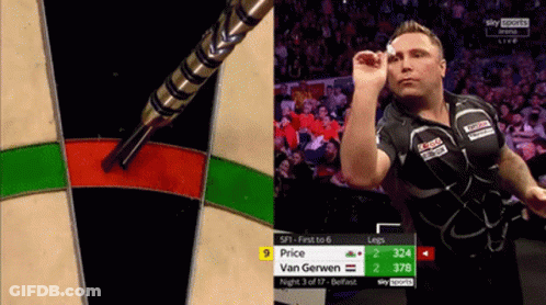 A Man Is Playing Darts In Front Of A Crowd And The Scoreboard Says Price And Van Gerwen On It GIF