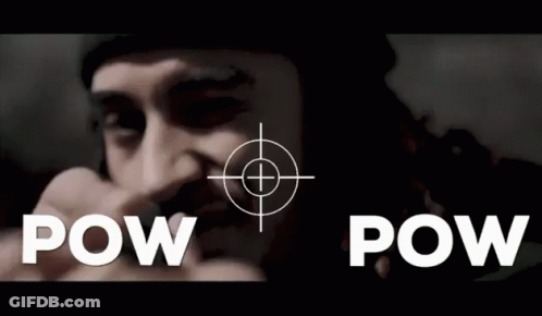 A Man Is Pointing A Gun At A Target With The Words Pow Pow Written On The Bottom . GIF